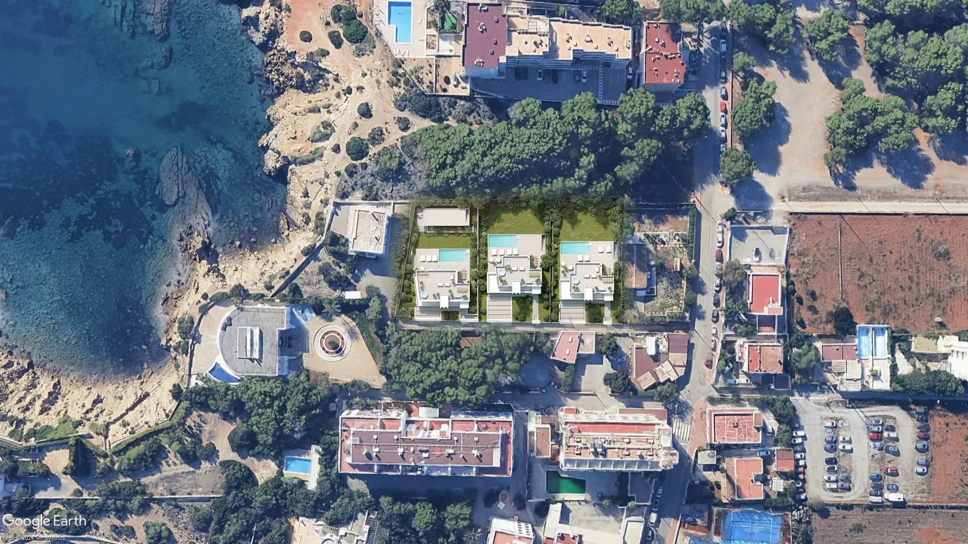 Aerial view of Parque Cala Martina — three villas on the east coast of Ibiza