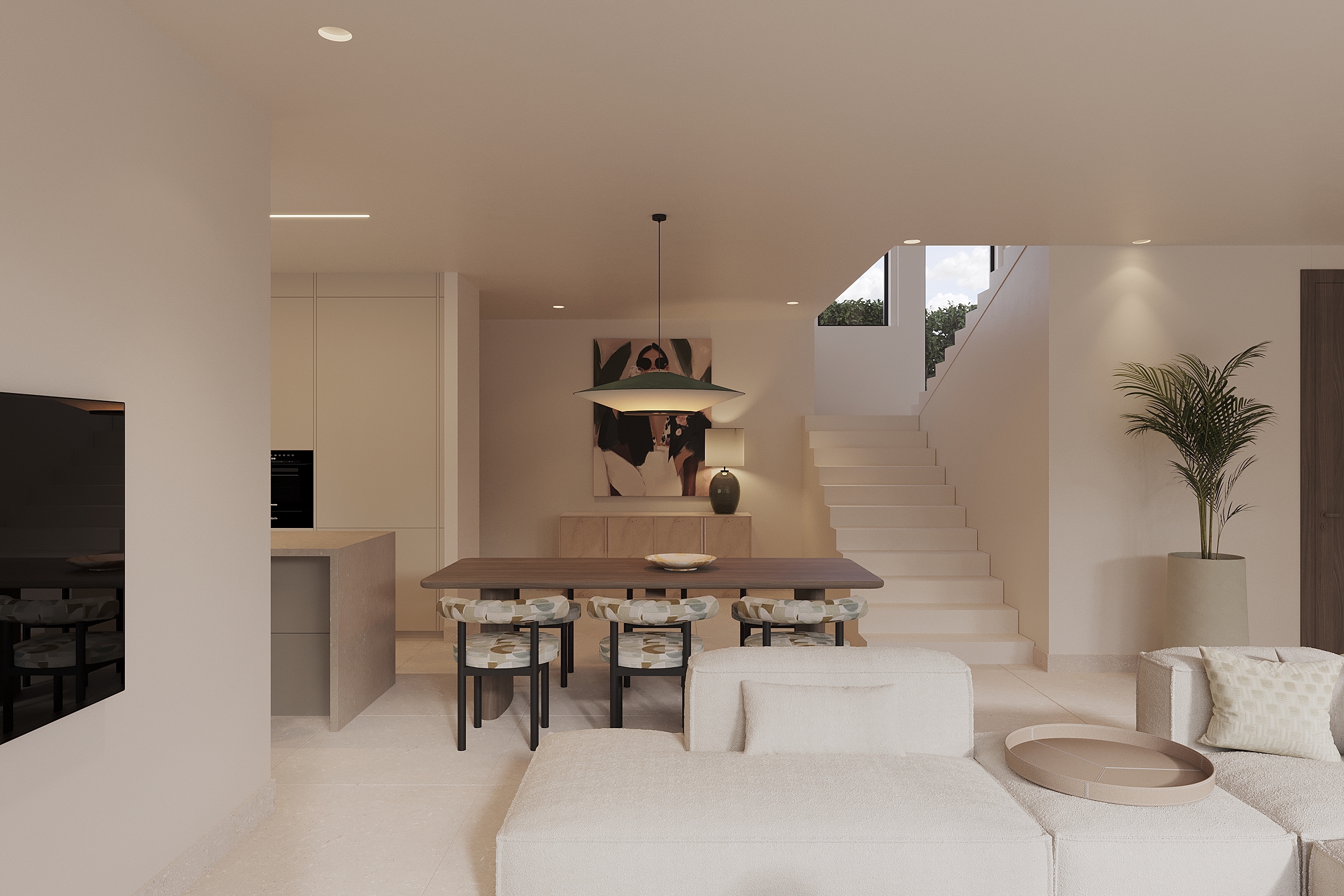 Dining table under sculptural pendant