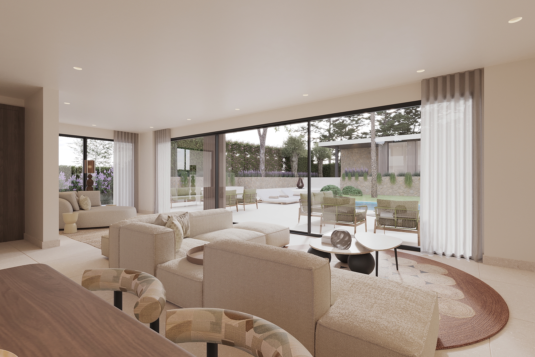 Open-plan living with curved sofa